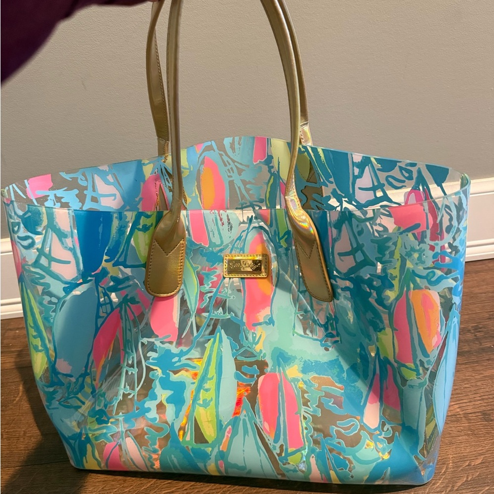 Lilly Pulitzer Aqua Floral Print Tote with Gold Handles